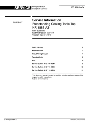 Bauknecht kr 1883 a2 service manual cover with model code, manual contents and publication date