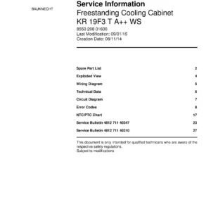 Bauknecht kr 19f3 t a ws service manual cover with model code, manual contents and publication date