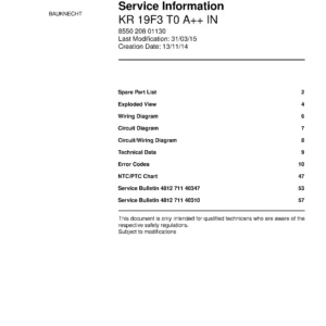 Bauknecht kr 19f3 t0 a in service manual cover with model code, manual contents and publication date