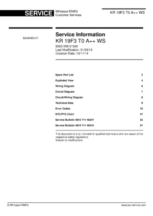 Bauknecht kr 19f3 t0 a ws service manual cover with model code, manual contents and publication date