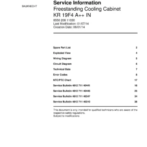 Bauknecht kr 19f4 a in service manual cover with model code, manual contents and publication date