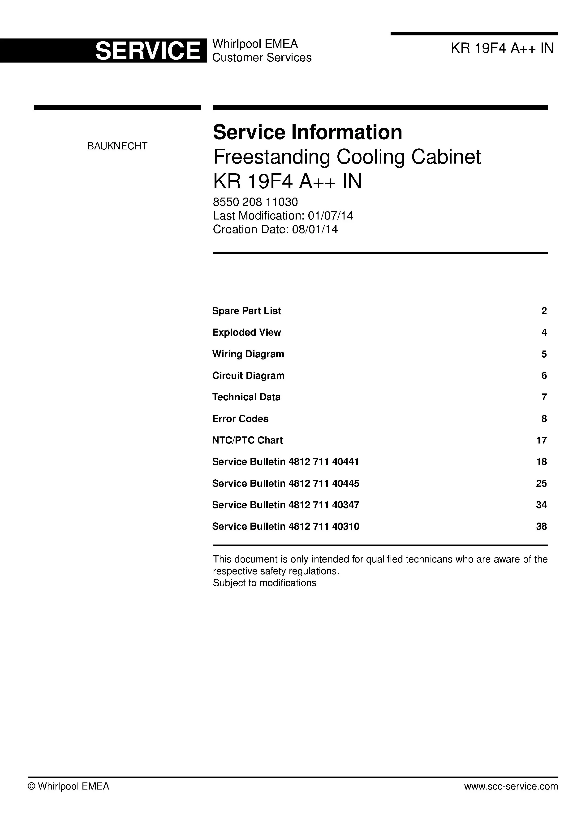 Bauknecht kr 19f4 a in service manual cover with model code, manual contents and publication date