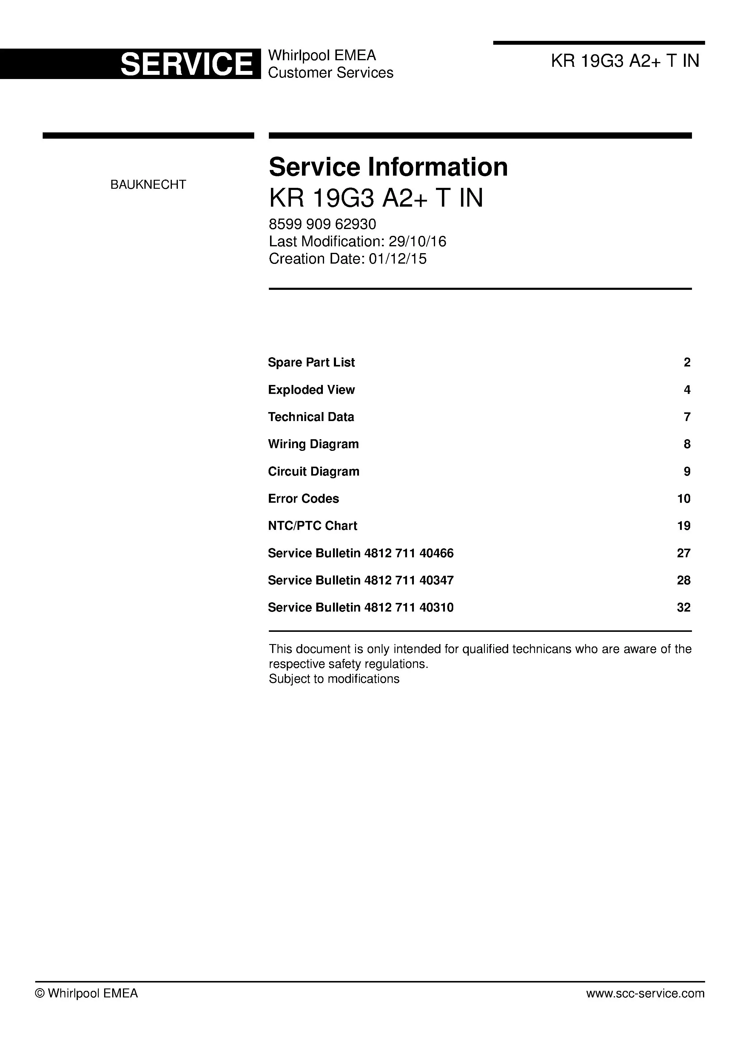 Bauknecht kr 19g3 a2 t in service manual cover with model code, manual contents and publication date
