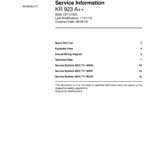 Bauknecht kr 923 a service manual cover with model code, manual contents and publication date