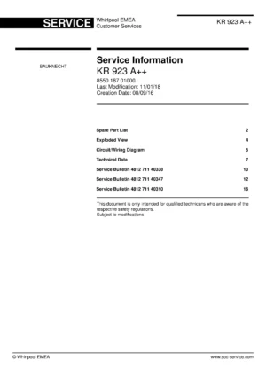 Bauknecht kr 923 a service manual cover with model code, manual contents and publication date