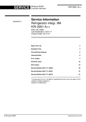 Bauknecht kri 2951 a service manual cover with model code, manual contents and publication date