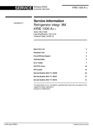Bauknecht krie 1000 a service manual cover with model code, manual contents and publication date