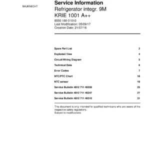 Bauknecht krie 1001 a service manual cover with model code, manual contents and publication date