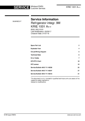 Bauknecht krie 1001 a service manual cover with model code, manual contents and publication date