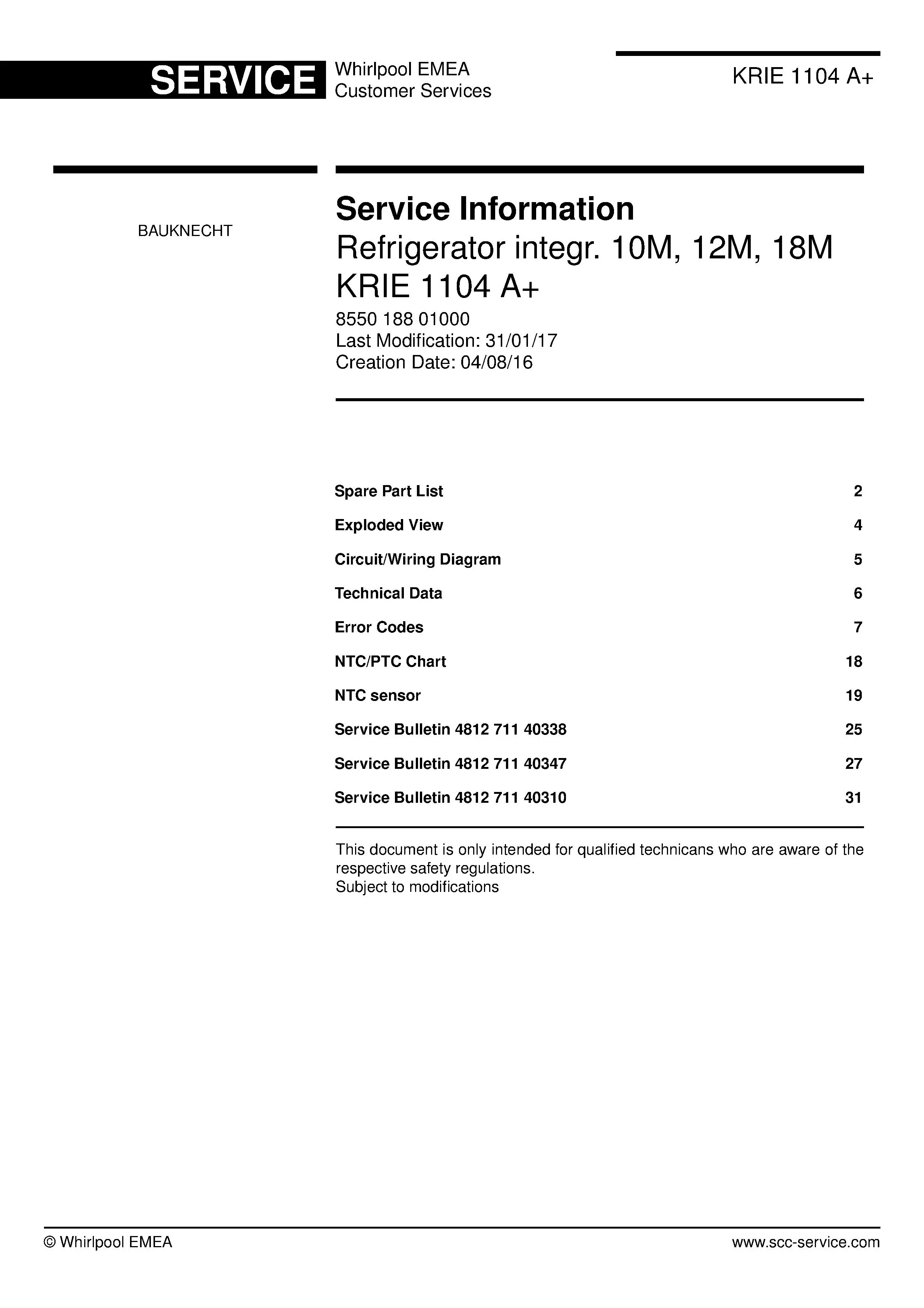 Bauknecht krie 1104 a service manual cover with model code, manual contents and publication date