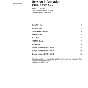 Bauknecht krie 1122 a service manual cover with model code, manual contents and publication date