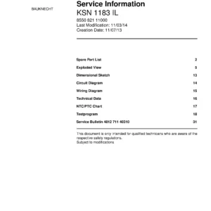 Bauknecht ksn 1183 il service manual cover with model code, manual contents and publication date