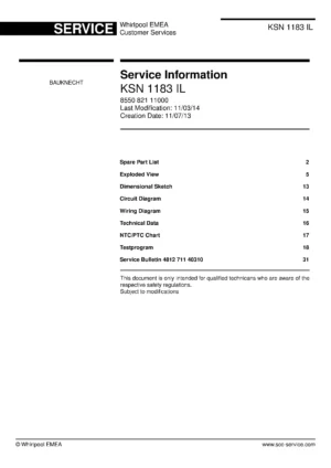Bauknecht ksn 1183 il service manual cover with model code, manual contents and publication date
