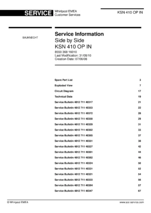 Bauknecht ksn 410 op in service manual cover with model code, manual contents and publication date