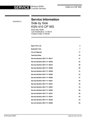 Bauknecht ksn 410 op ws service manual cover with model code, manual contents and publication date