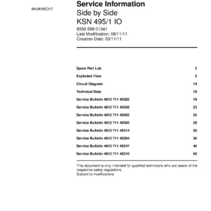 Bauknecht ksn 495 1 io service manual cover with model code, manual contents and publication date