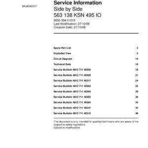 Bauknecht ksn 495 io service manual cover with model code, manual contents and publication date