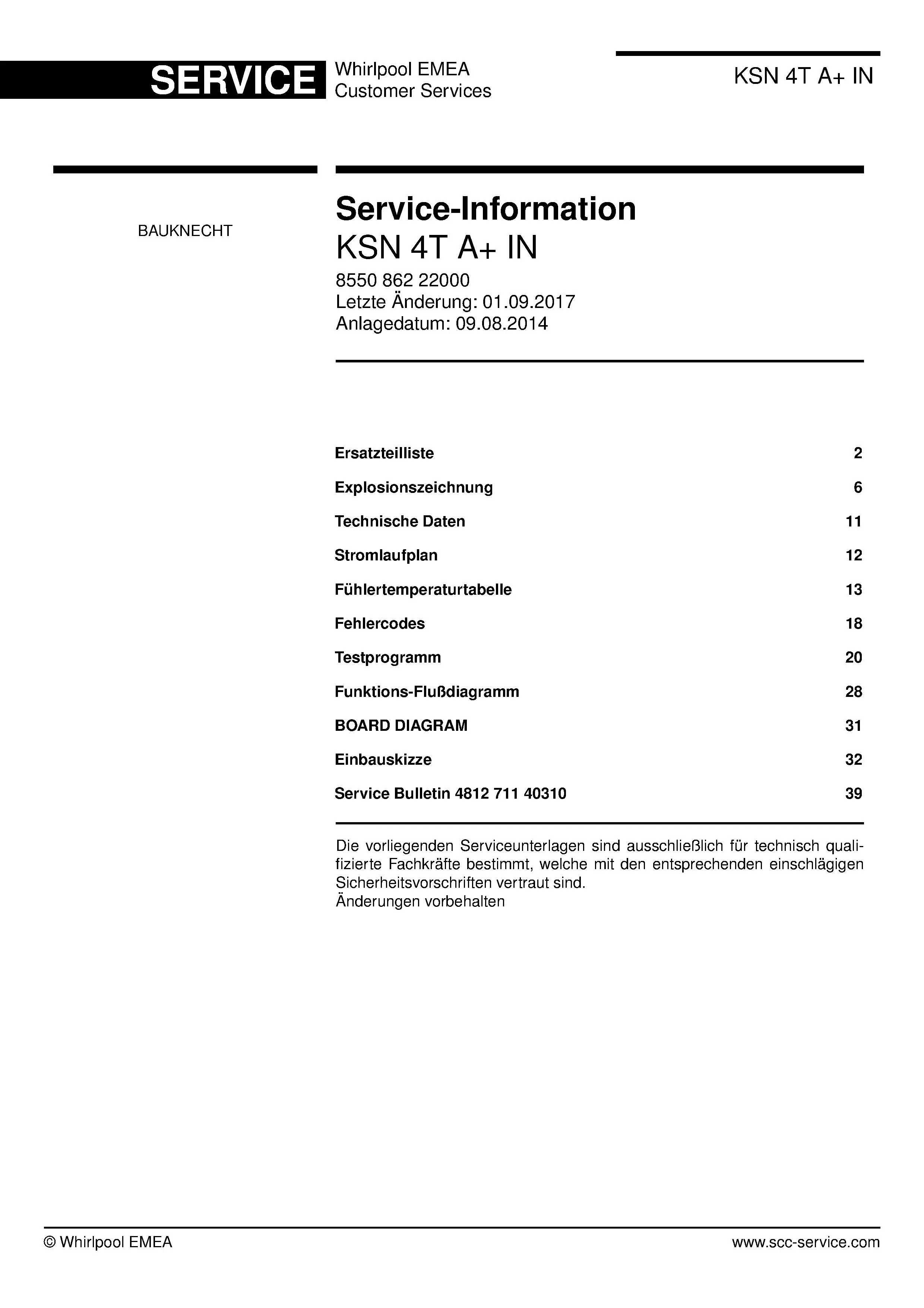 Bauknecht ksn 4t a in deutsch service manual cover with model code, manual contents and publication date