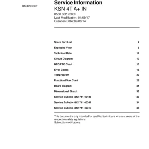 Bauknecht ksn 4t a in english service manual cover with model code, manual contents and publication date
