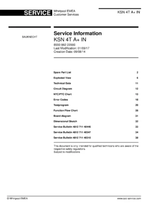 Bauknecht ksn 4t a in english service manual cover with model code, manual contents and publication date