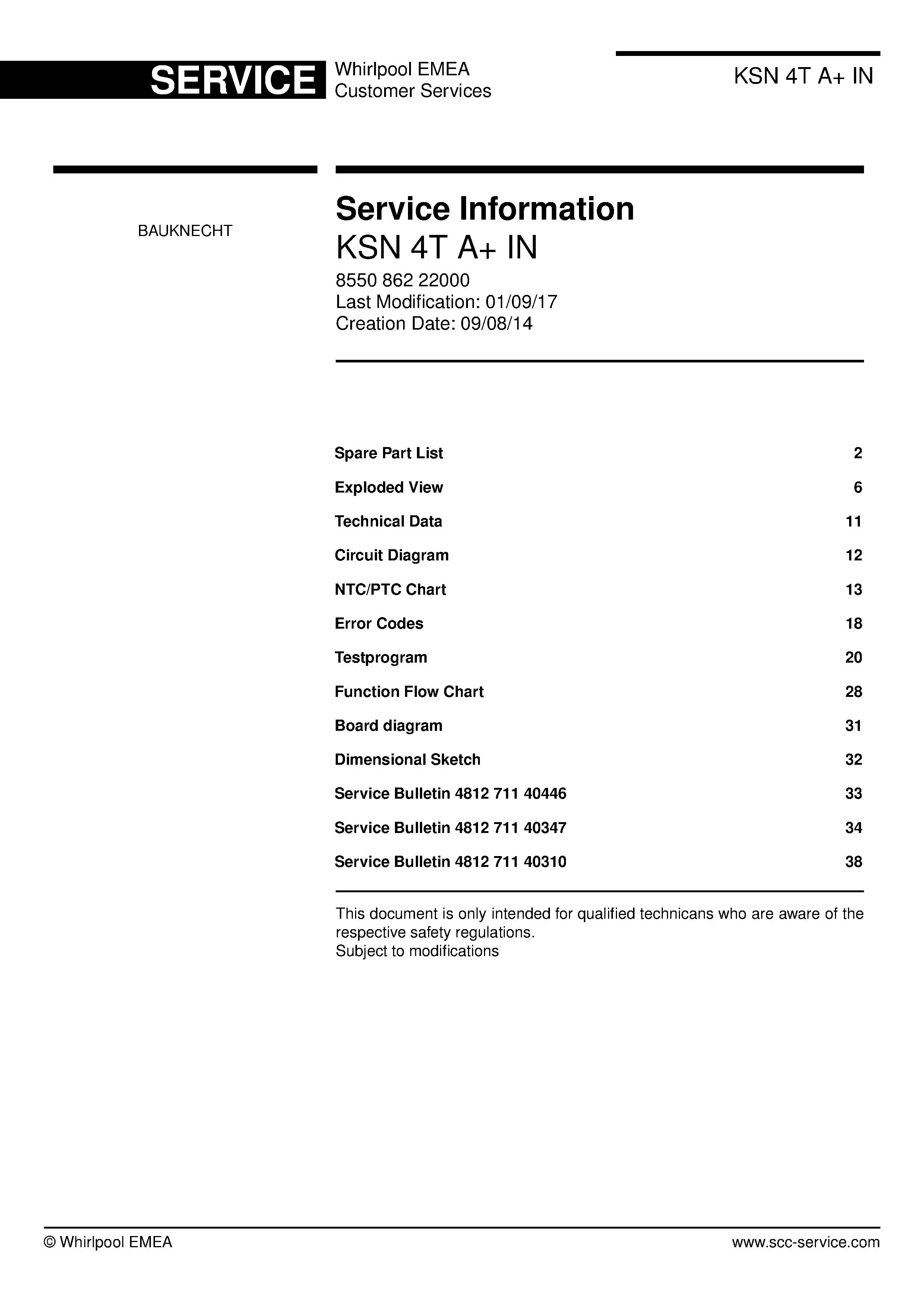 Bauknecht ksn 4t a in english service manual cover with model code, manual contents and publication date