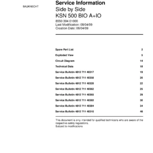 Bauknecht ksn 500 bio aio service manual cover with model code, manual contents and publication date