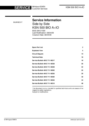 Bauknecht ksn 500 bio aio service manual cover with model code, manual contents and publication date