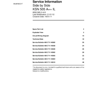 Bauknecht ksn 505 a il service manual cover with model code, manual contents and publication date