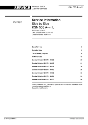 Bauknecht ksn 505 a il service manual cover with model code, manual contents and publication date