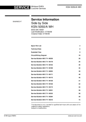 Bauknecht ksn 5050 a wh service manual cover with model code, manual contents and publication date