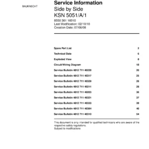 Bauknecht ksn 5051 a 1 service manual cover with model code, manual contents and publication date