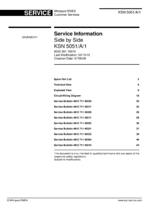 Bauknecht ksn 5051 a 1 service manual cover with model code, manual contents and publication date