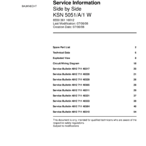 Bauknecht ksn 5051 a 1 w service manual cover with model code, manual contents and publication date