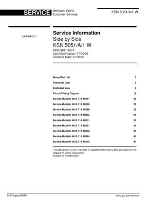 Bauknecht ksn 5051 a 1 w service manual cover with model code, manual contents and publication date