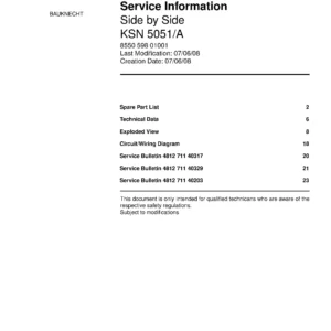 Bauknecht ksn 5051 a service manual cover with model code, manual contents and publication date