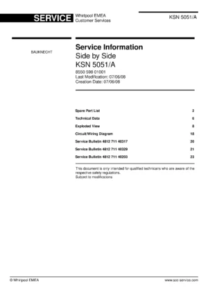 Bauknecht ksn 5051 a service manual cover with model code, manual contents and publication date