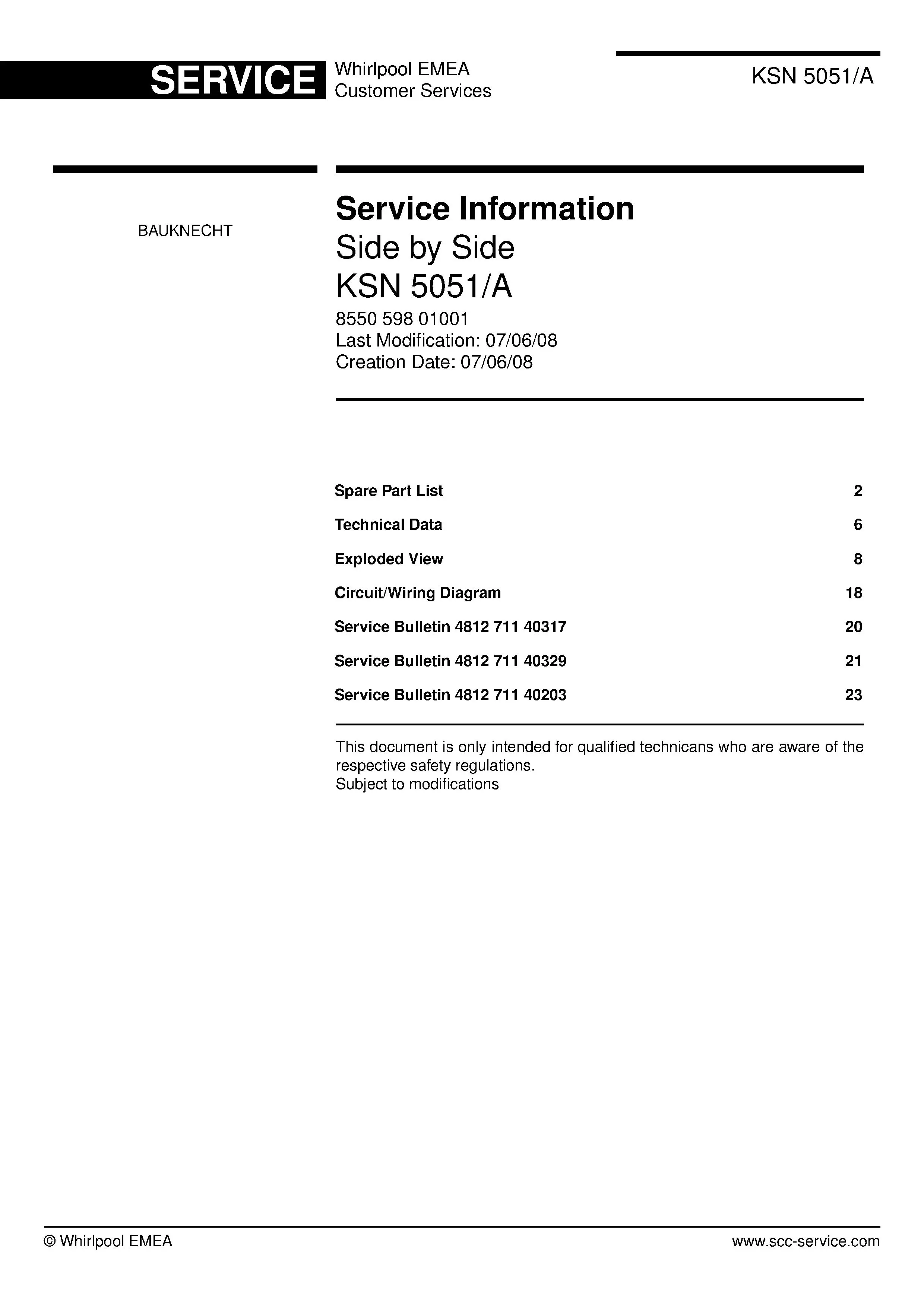 Bauknecht ksn 5051 a service manual cover with model code, manual contents and publication date
