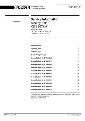 Bauknecht ksn 5071 a service manual cover with model code, manual contents and publication date