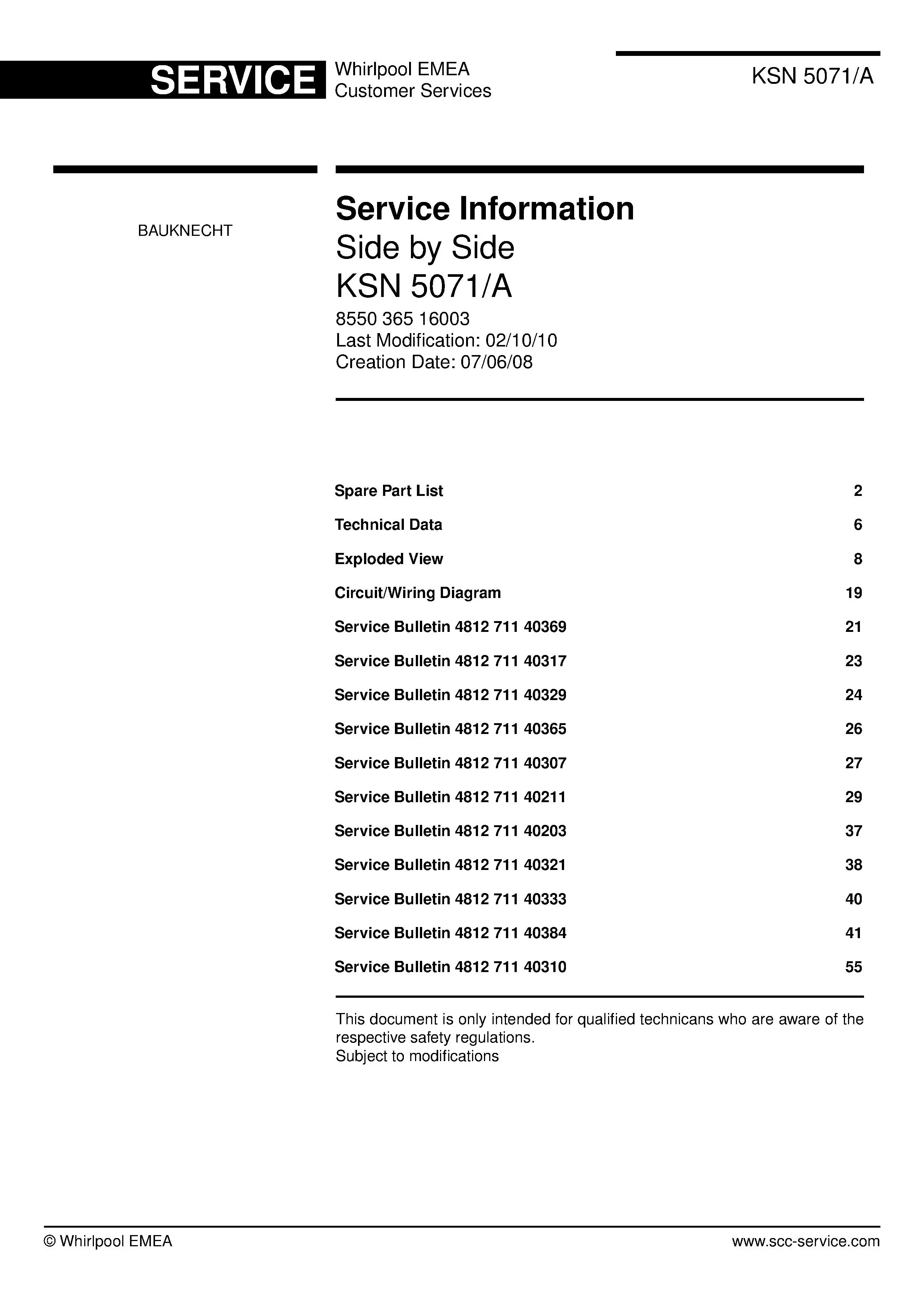 Bauknecht ksn 5071 a service manual cover with model code, manual contents and publication date