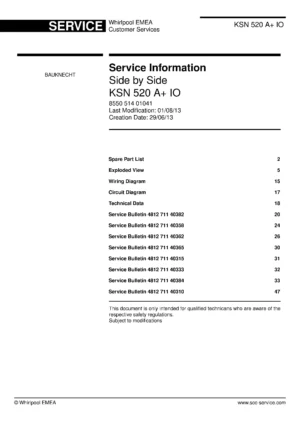 Bauknecht ksn 520 a io service manual cover with model code, manual contents and publication date