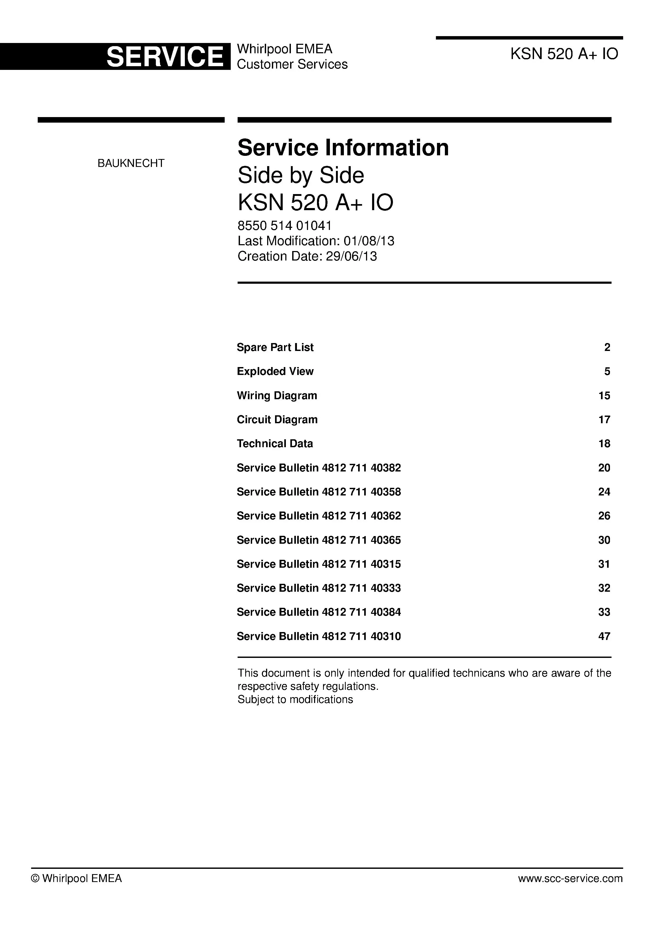 Bauknecht ksn 520 a io service manual cover with model code, manual contents and publication date