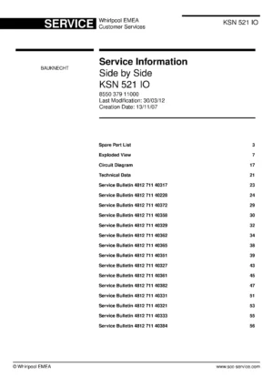 Bauknecht ksn 521 io service manual cover with model code, manual contents and publication date