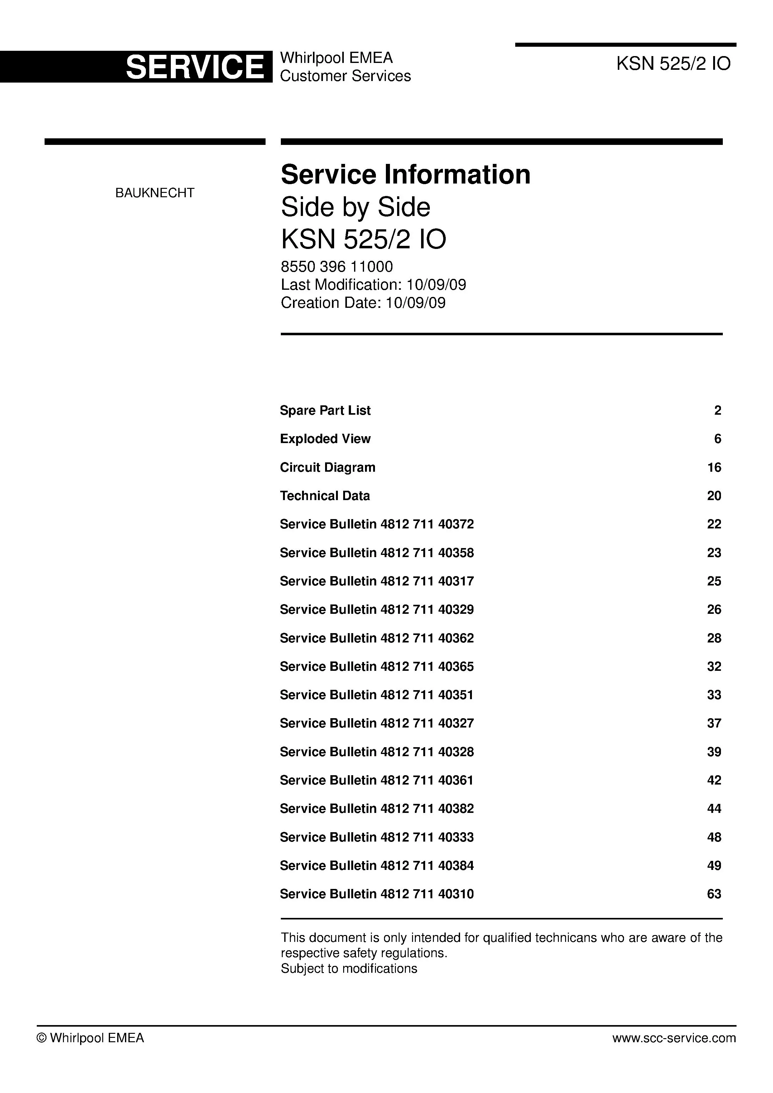 Bauknecht ksn 525 2 io service manual cover with model code, manual contents and publication date