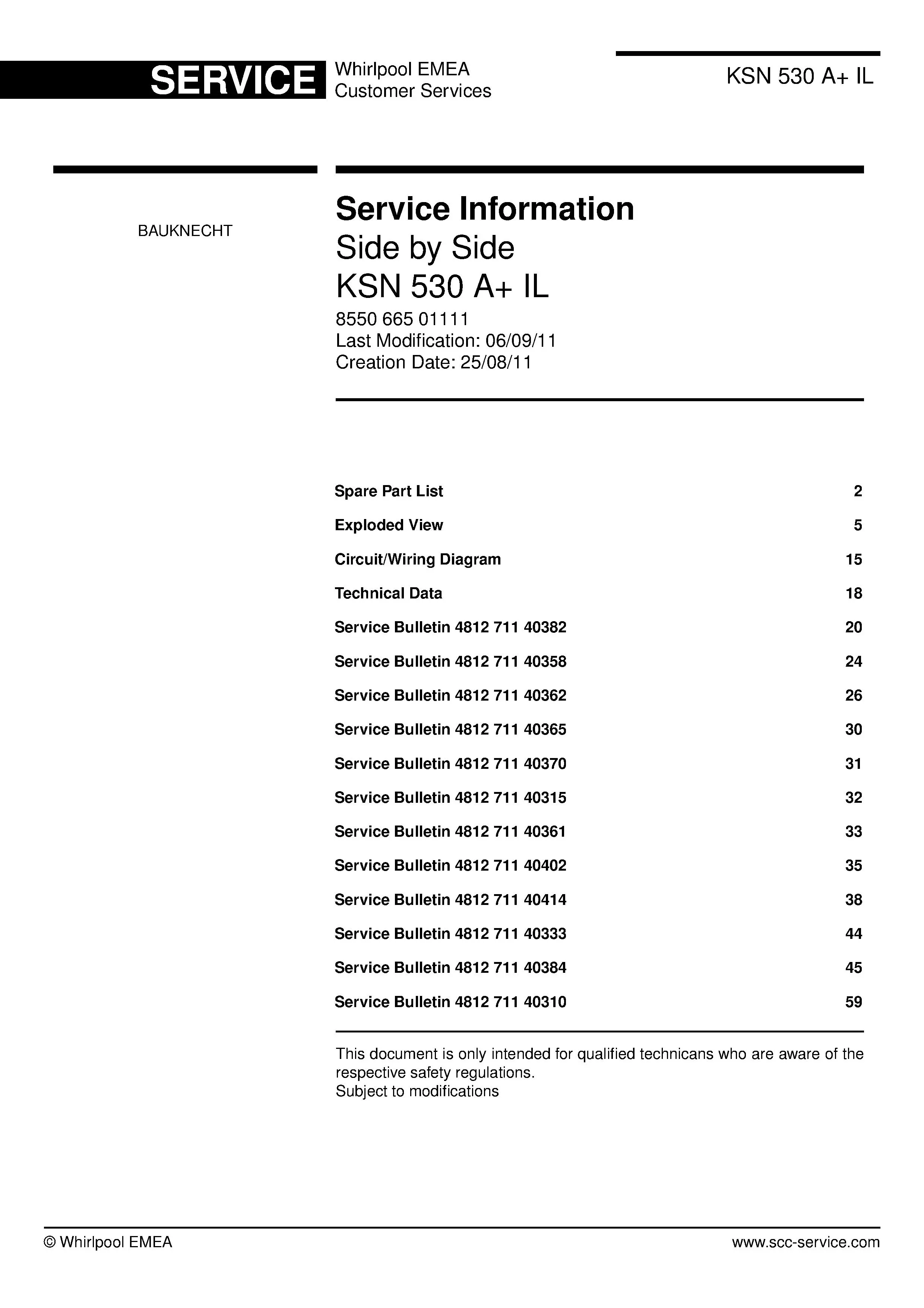Bauknecht ksn 530 a il service manual cover with model code, manual contents and publication date