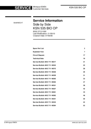 Bauknecht ksn 535 bio op service manual cover with model code, manual contents and publication date