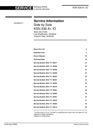 Bauknecht ksn 536 a io service manual cover with model code, manual contents and publication date