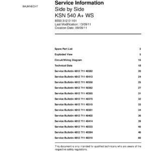 Bauknecht ksn 540 a ws service manual cover with model code, manual contents and publication date