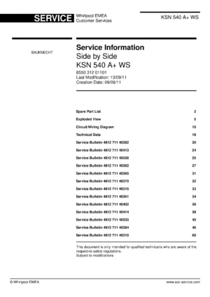 Bauknecht ksn 540 a ws service manual cover with model code, manual contents and publication date