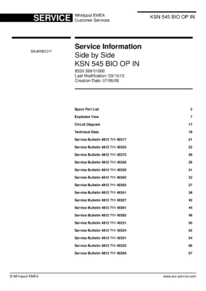 Bauknecht ksn 545 bio op in service manual cover with model code, manual contents and publication date