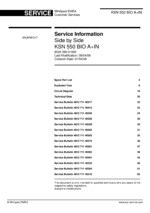 Bauknecht ksn 550 bio ain service manual cover with model code, manual contents and publication date